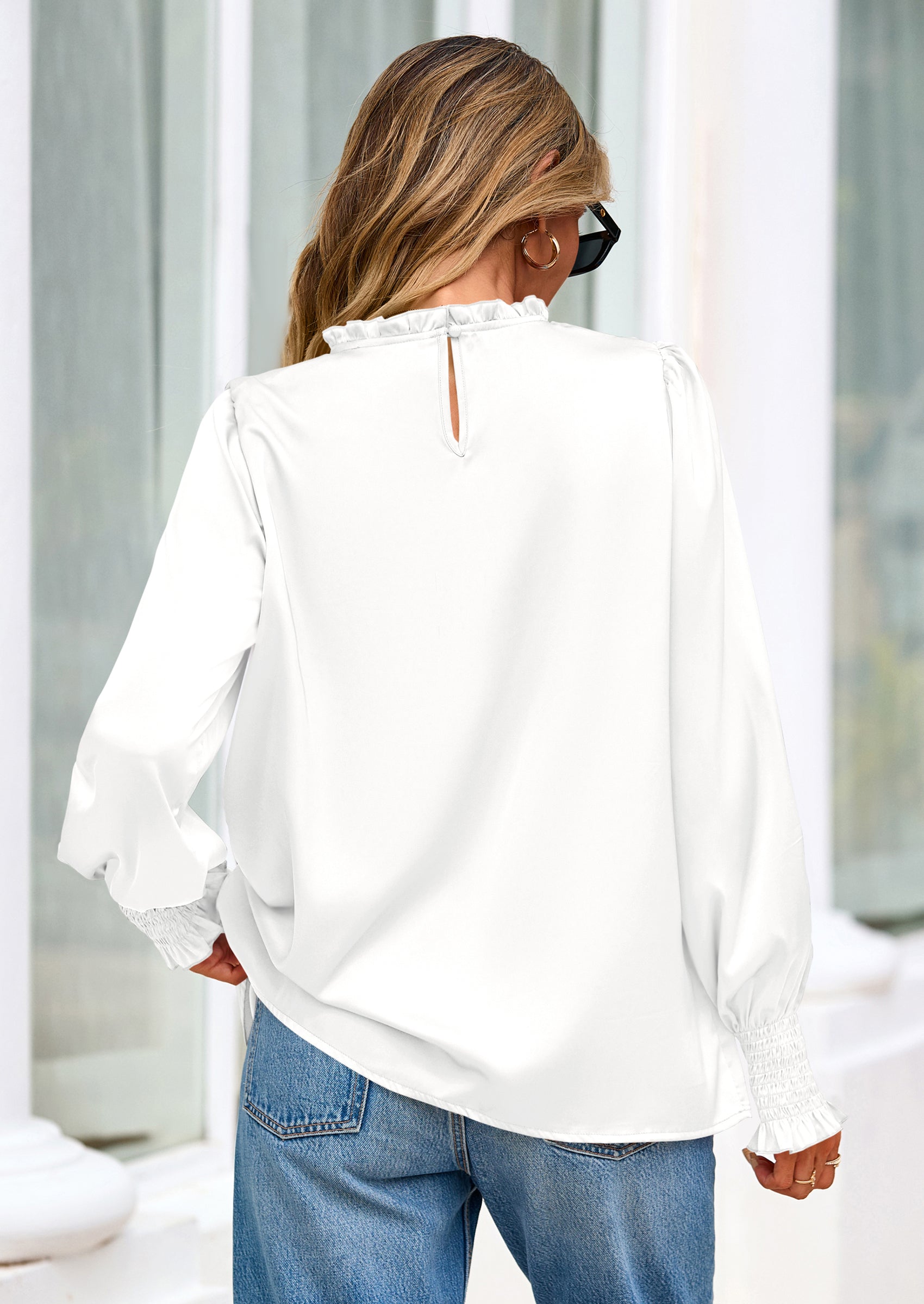 PRETTYGARDEN Blouses for Women Dressy Casual Fall Outfits Frill Neck Long Sleeve Shirts Satin Work Business Casual Tops