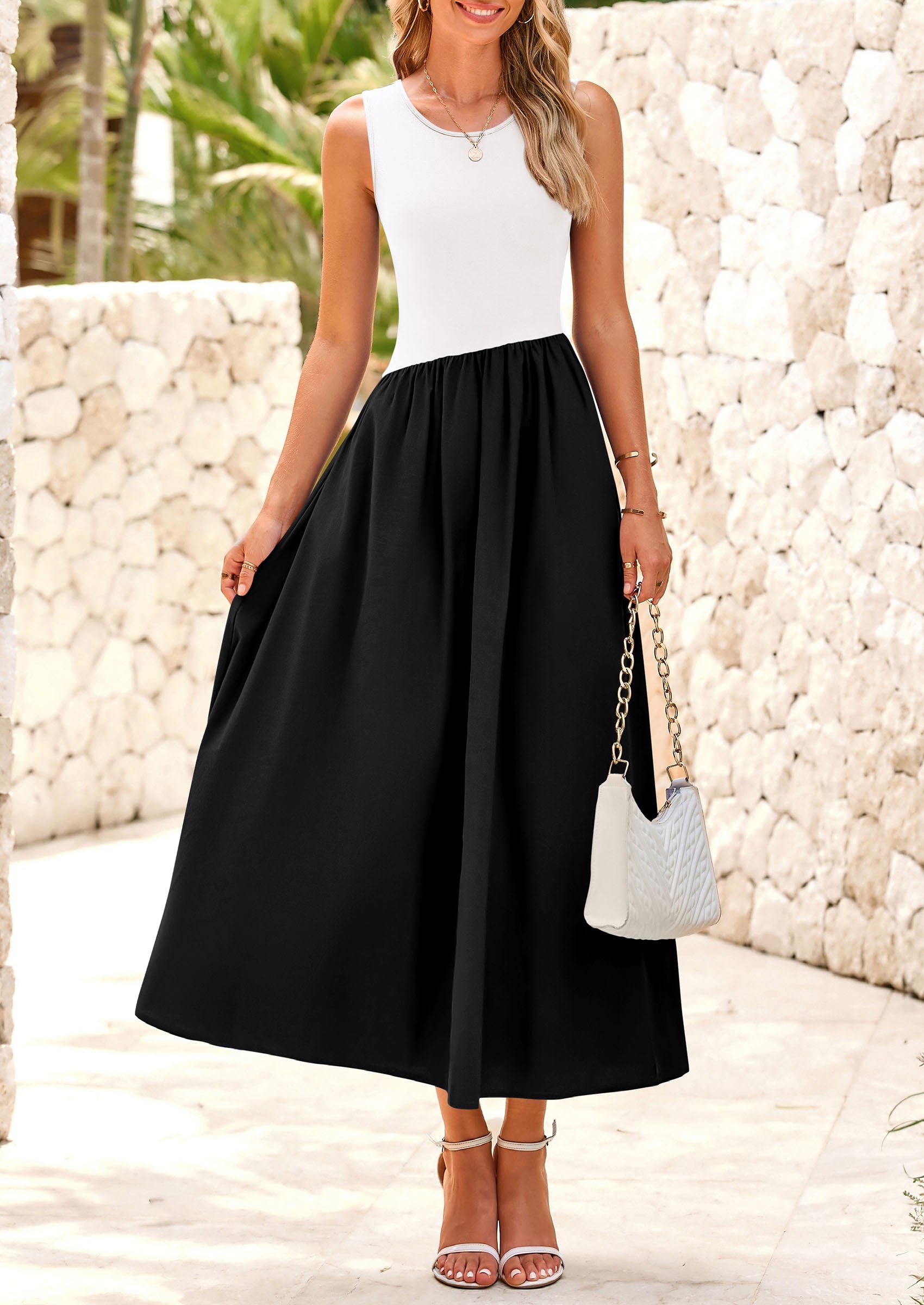 PRETTYGARDEN Women's Maxi Sundress Casual Summer Sleeveless Asymmetrical Drop Waist Patchwork Long Flowy Tank Dresses