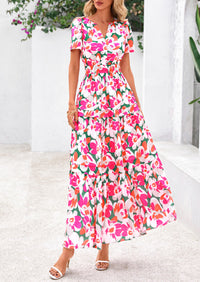 Summer Boho Floral Short Sleeve V Neck A Line Tiered Ruffle Flowy Long Beach Vacation Maxi Dresses