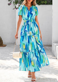 Summer Boho Floral Short Sleeve V Neck A Line Tiered Ruffle Flowy Long Beach Vacation Maxi Dresses