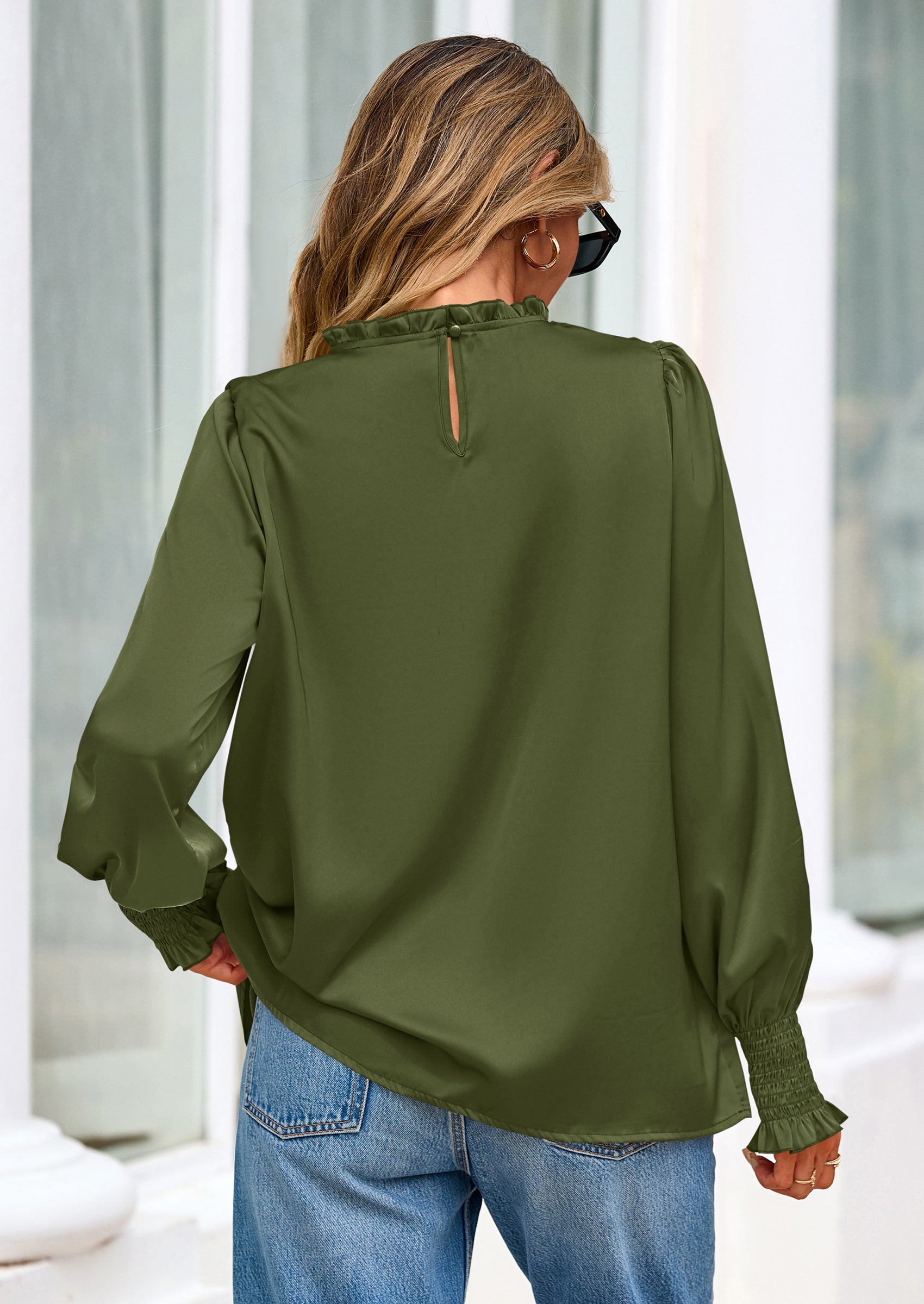 PRETTYGARDEN Blouses for Women Dressy Casual Fall Outfits Frill Neck Long Sleeve Shirts Satin Work Business Casual Tops