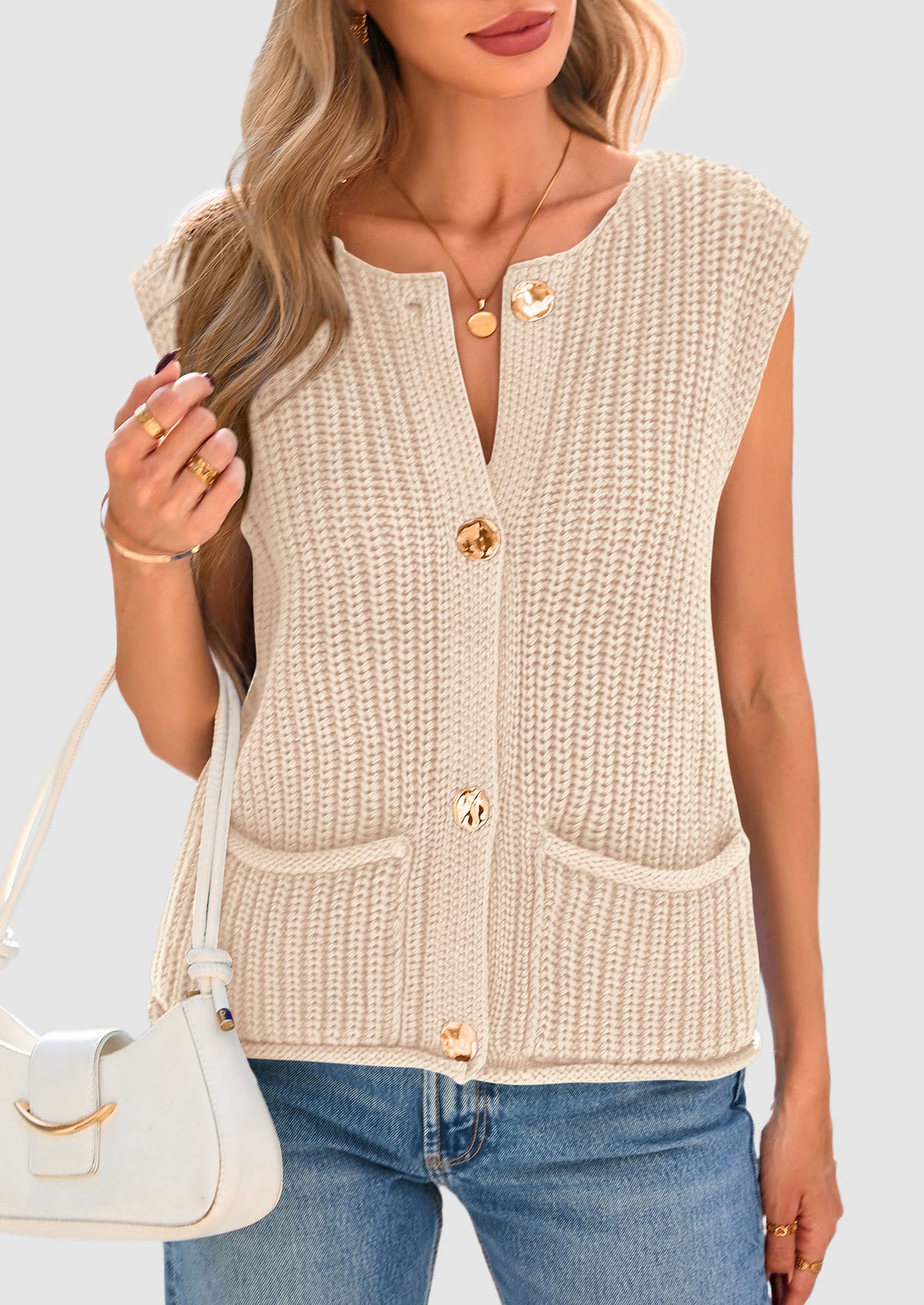 Sleeveless Button Down Cropped Chunky Knit Cardigan Trendy Tank Tops with Pockets