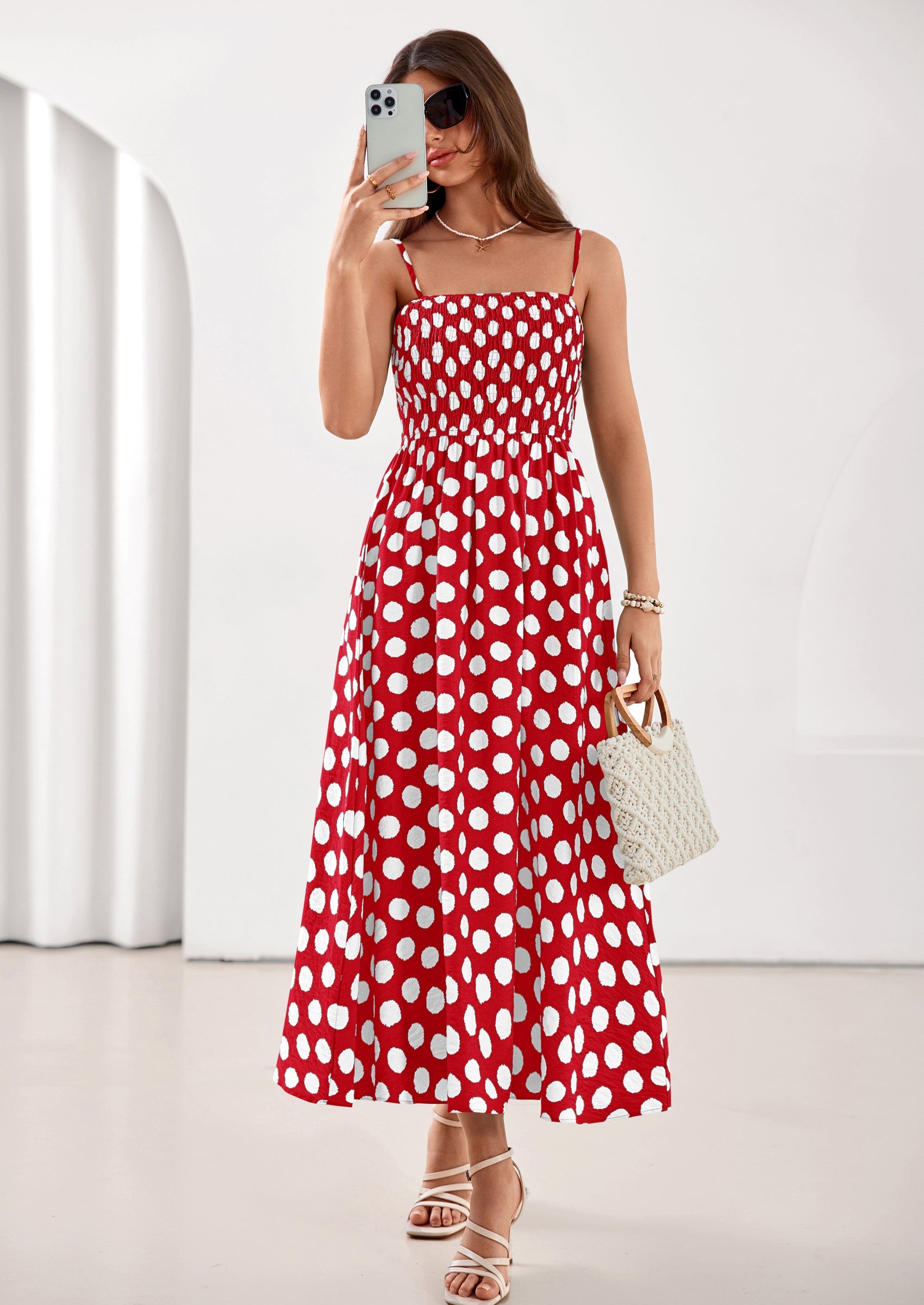 PRETTYGARDEN Womens Summer Dresses Spring Sleeveless Spaghetti Straps Casual Midi Dress Polka Dot Smocked Beach Sundress PRETTYGARDEN