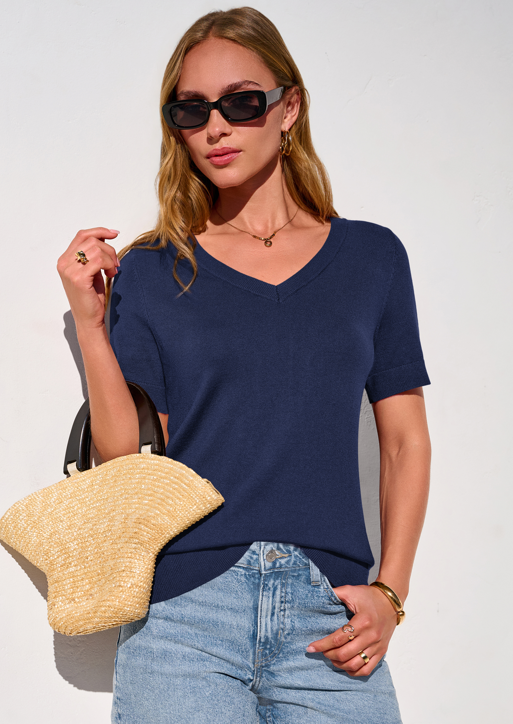 PRETTYGARDEN Womens Short Sleeve Sweater V Neck Trendy Pullover Tops Summer Spring Loose Lightweight Casual Blouse PRETTYGARDEN