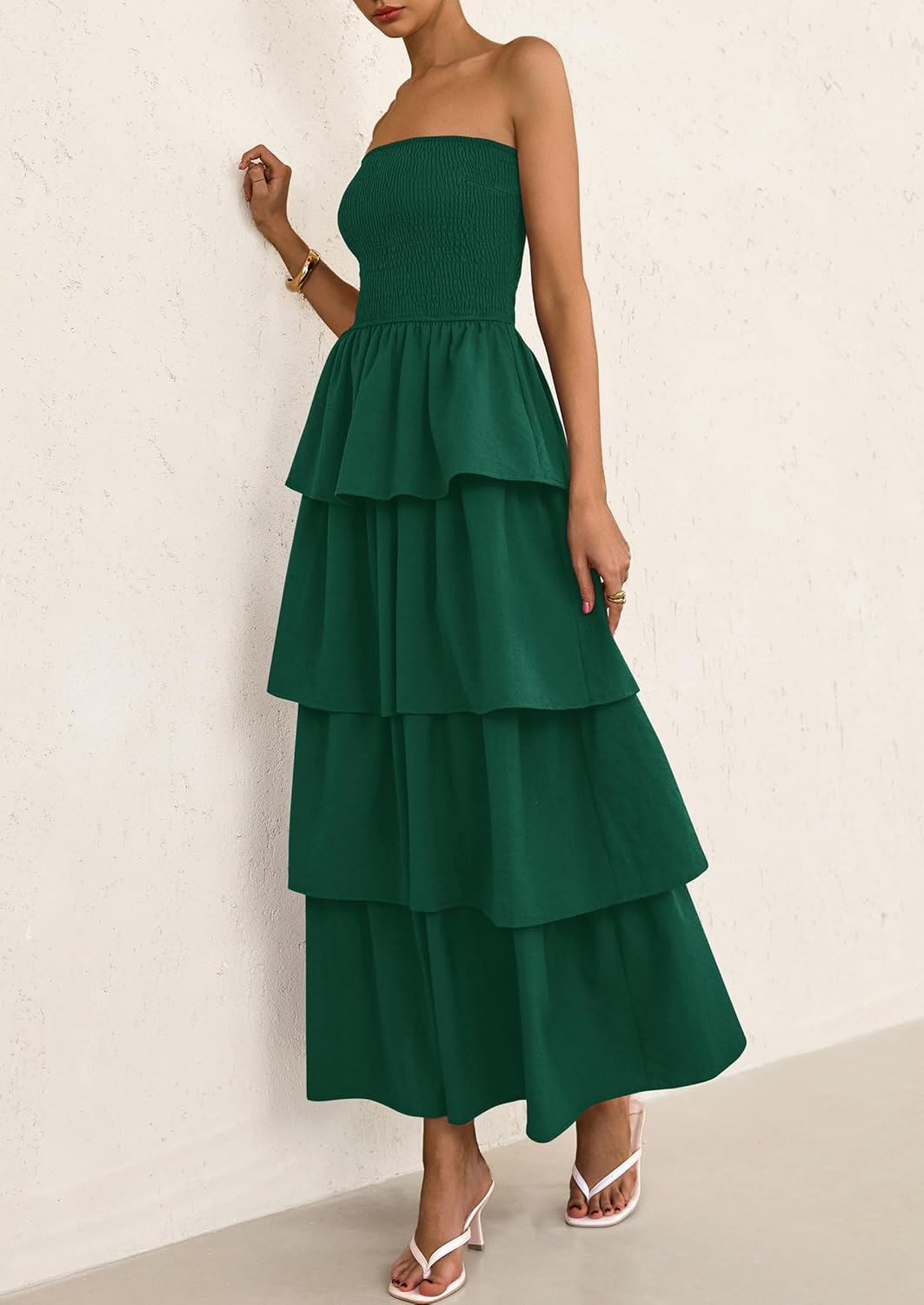 PRETTYGARDEN Maxi Dresses for Women Off Shoulder Smocked Tiered Ruffle Long Flowy Wedding Guest Dress