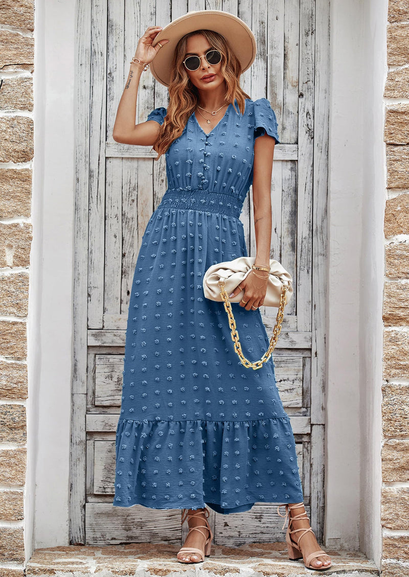 PRETTYGARDEN Womens Dresses Summer Maxi Dress Boho Short Sleeve V Neck Swiss Dot Ruffle Tiered Smocked Flowy Long Dress PRETTYGARDEN