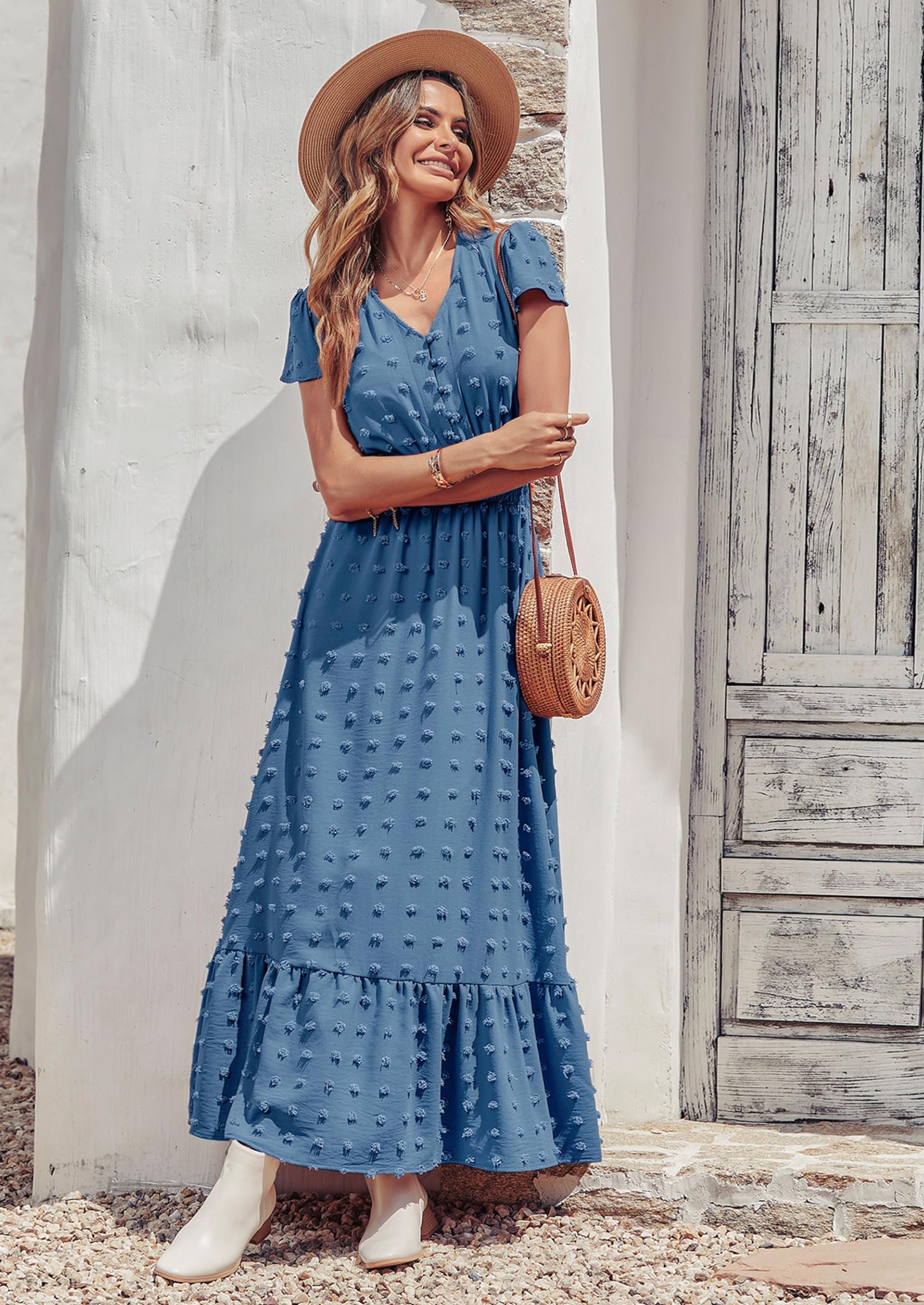 PRETTYGARDEN Womens Dresses Summer Maxi Dress Boho Short Sleeve V Neck Swiss Dot Ruffle Tiered Smocked Flowy Long Dress PRETTYGARDEN