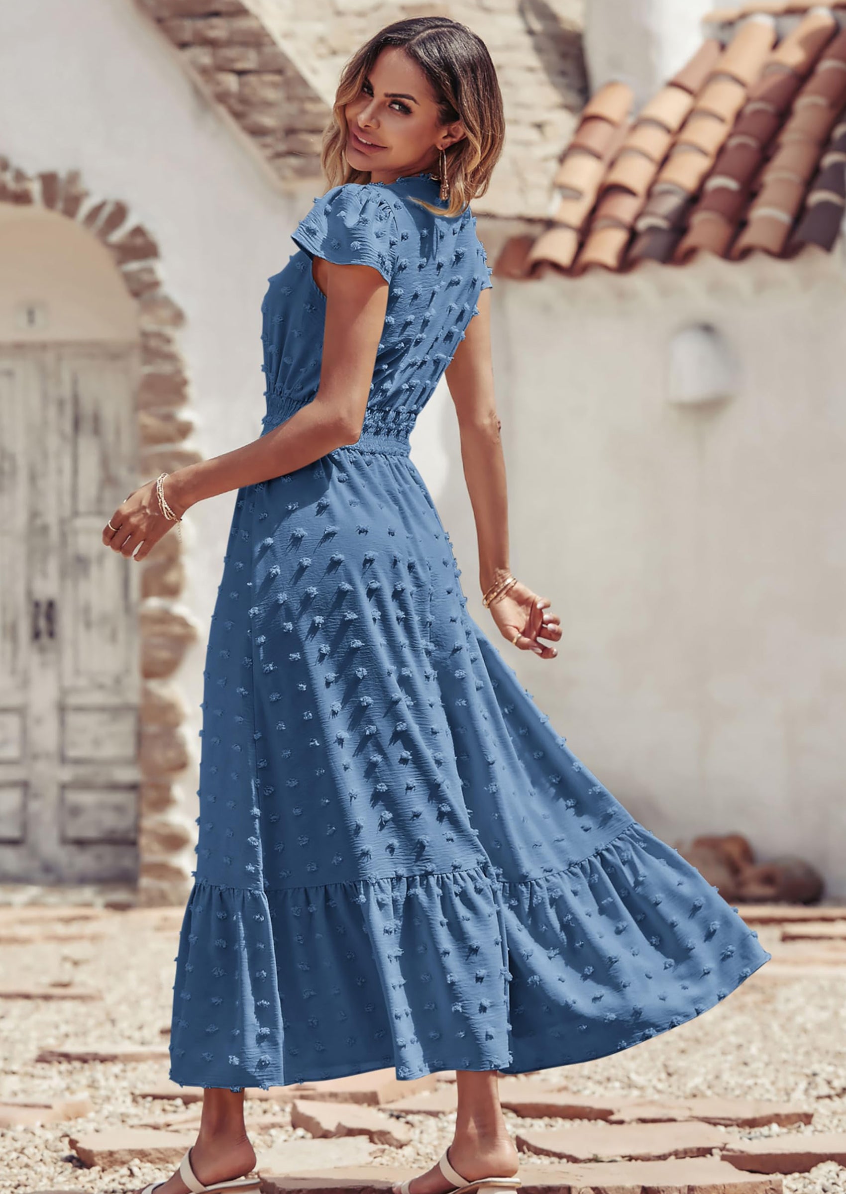 PRETTYGARDEN Womens Dresses Summer Maxi Dress Boho Short Sleeve V Neck Swiss Dot Ruffle Tiered Smocked Flowy Long Dress PRETTYGARDEN