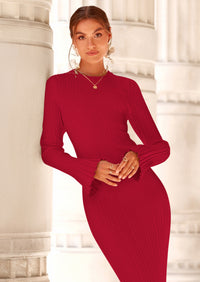 PRETTYGARDEN Sweater Dresses for Women Fall Bell Long Sleeve Crew Neck Bodycon Maxi Dress Winter Ribbed Knit Outfits