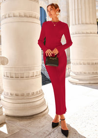 PRETTYGARDEN Sweater Dresses for Women Fall Bell Long Sleeve Crew Neck Bodycon Maxi Dress Winter Ribbed Knit Outfits