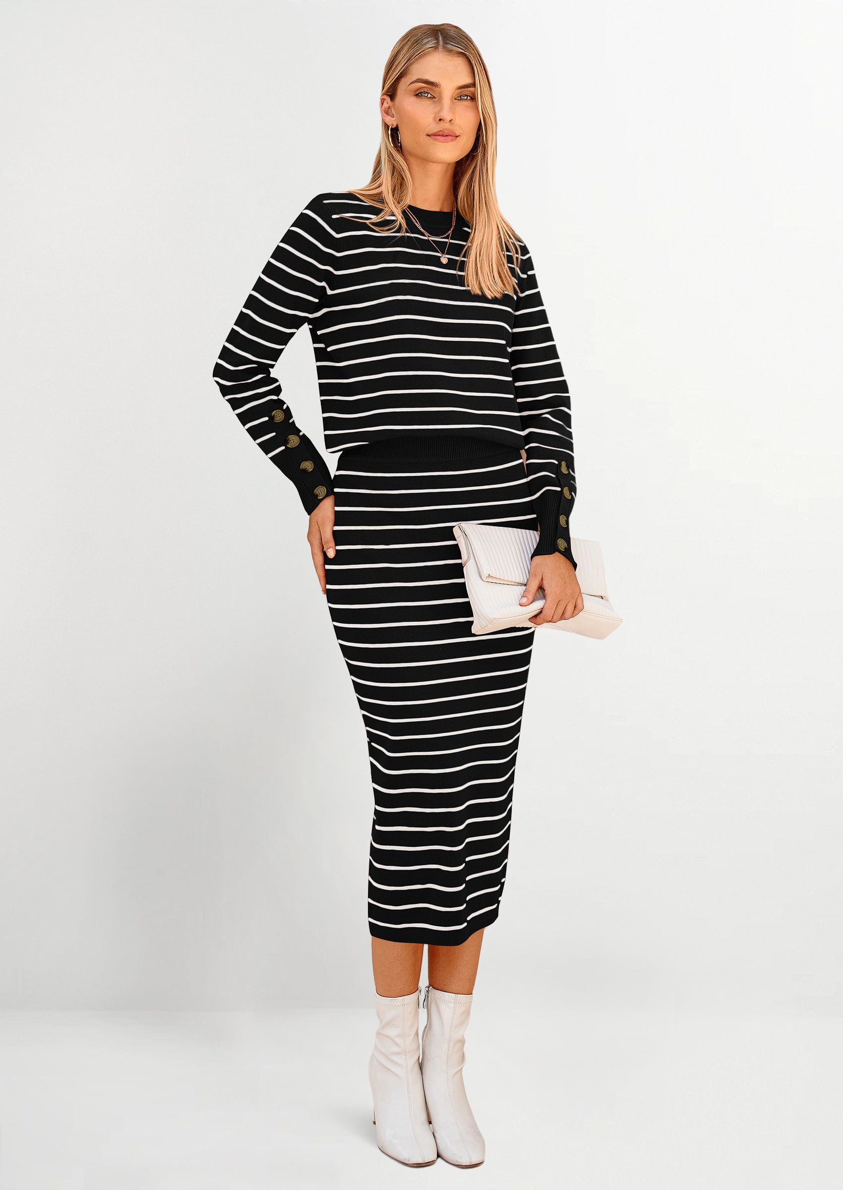 PRETTYGARDEN 2 Piece Skirts Sets For Women Fall Fashion Striped Sweater Dress Knit Lounge Travel Outfits Winter Clothing