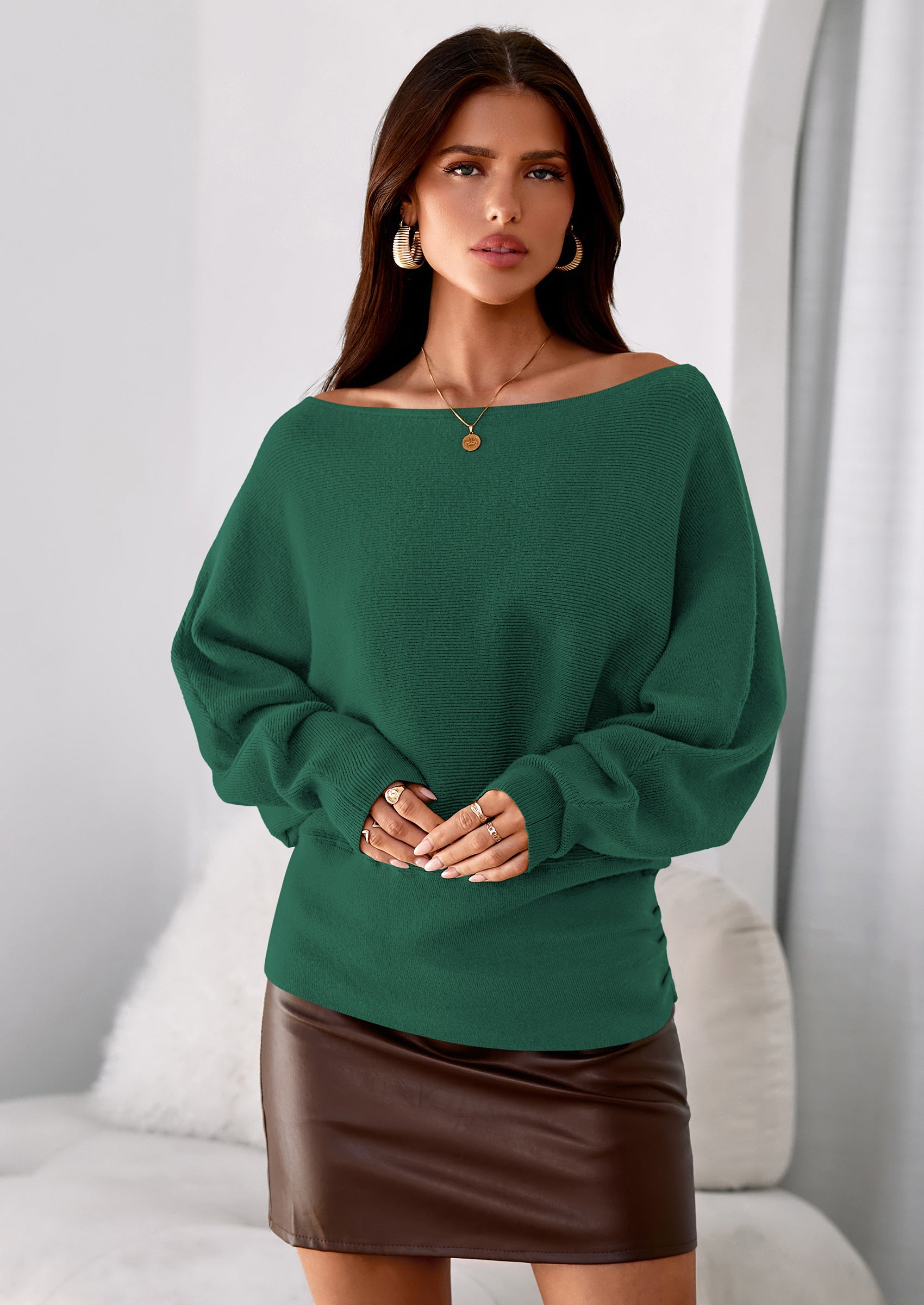 PRETTYGARDEN Women Off The Shoulder Sweater Fall Trendy Long Batwing Sleeve Knit Pullover Going Out Tops Winter Clothing