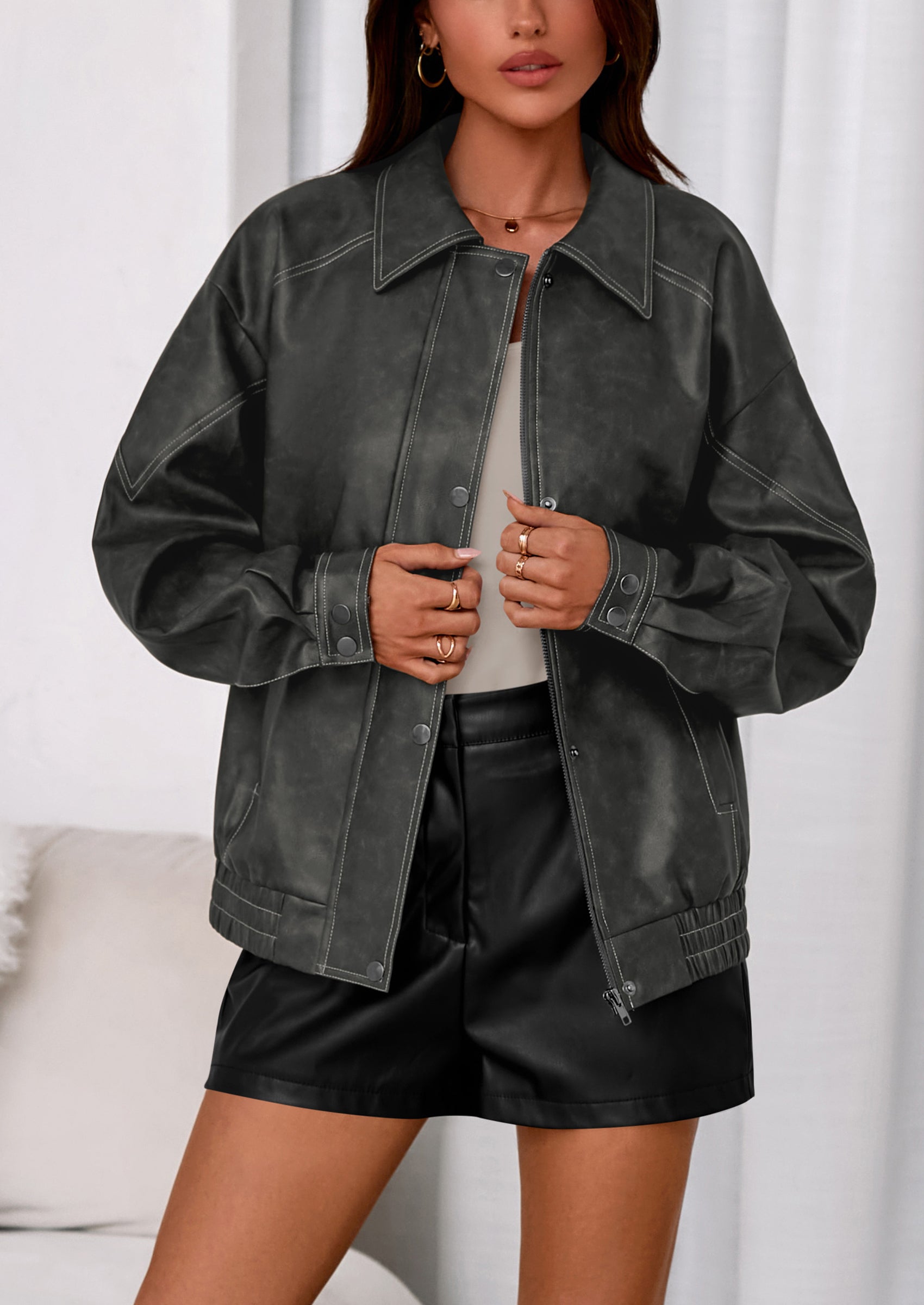 PRETTYGARDEN Faux Leather Jacket Women Bomber Motorcycle Zip Up Jackets Oversized Fall Fashion Outfits Winter Coats