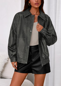PRETTYGARDEN Faux Leather Jacket Women Bomber Motorcycle Zip Up Jackets Oversized Fall Fashion Outfits Winter Coats