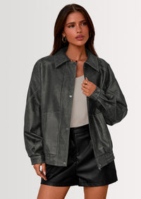 PRETTYGARDEN Faux Leather Jacket Women Bomber Motorcycle Zip Up Jackets Oversized Fall Fashion Outfits Winter Coats