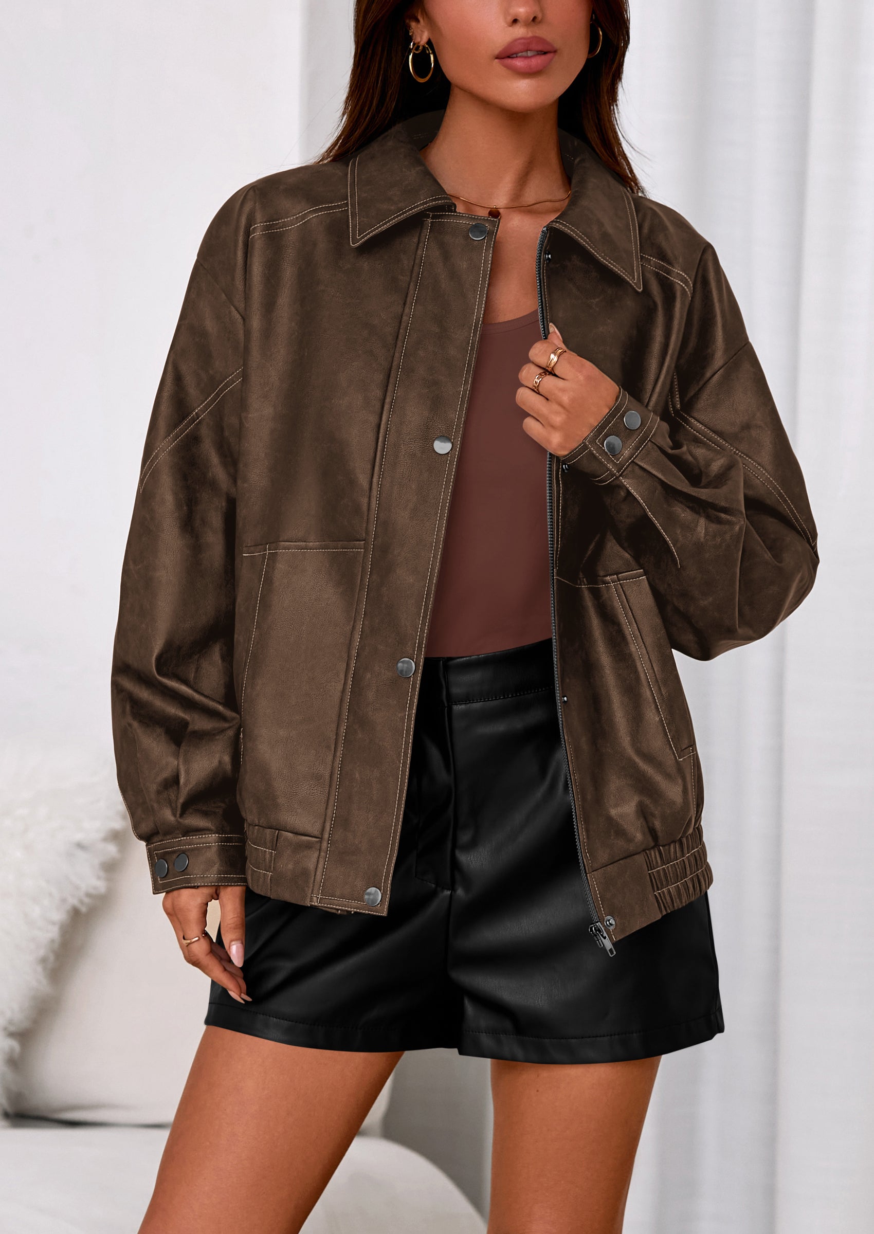 PRETTYGARDEN Faux Leather Jacket Women Bomber Motorcycle Zip Up Jackets Oversized Fall Fashion Outfits Winter Coats