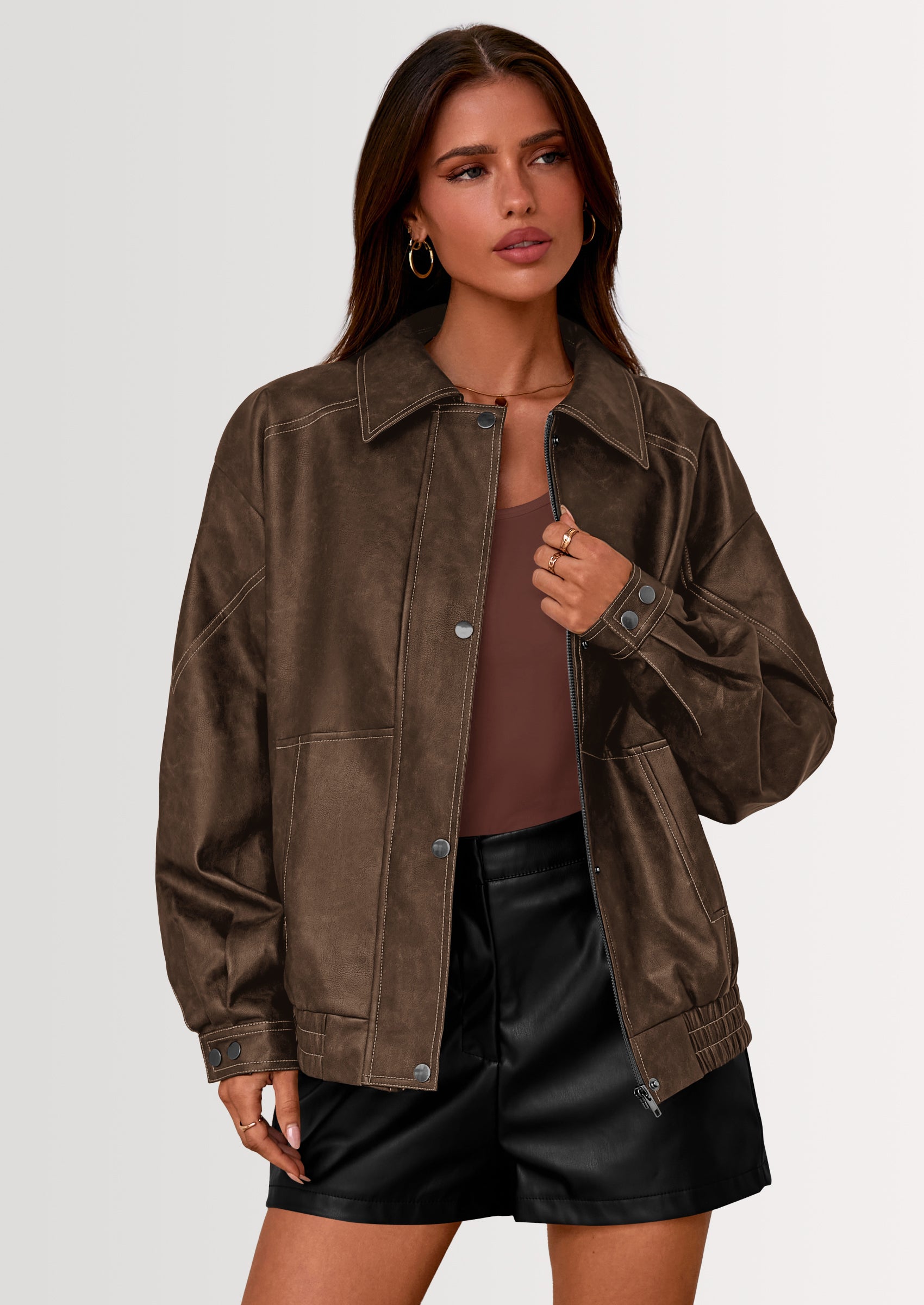 PRETTYGARDEN Faux Leather Jacket Women Bomber Motorcycle Zip Up Jackets Oversized Fall Fashion Outfits Winter Coats