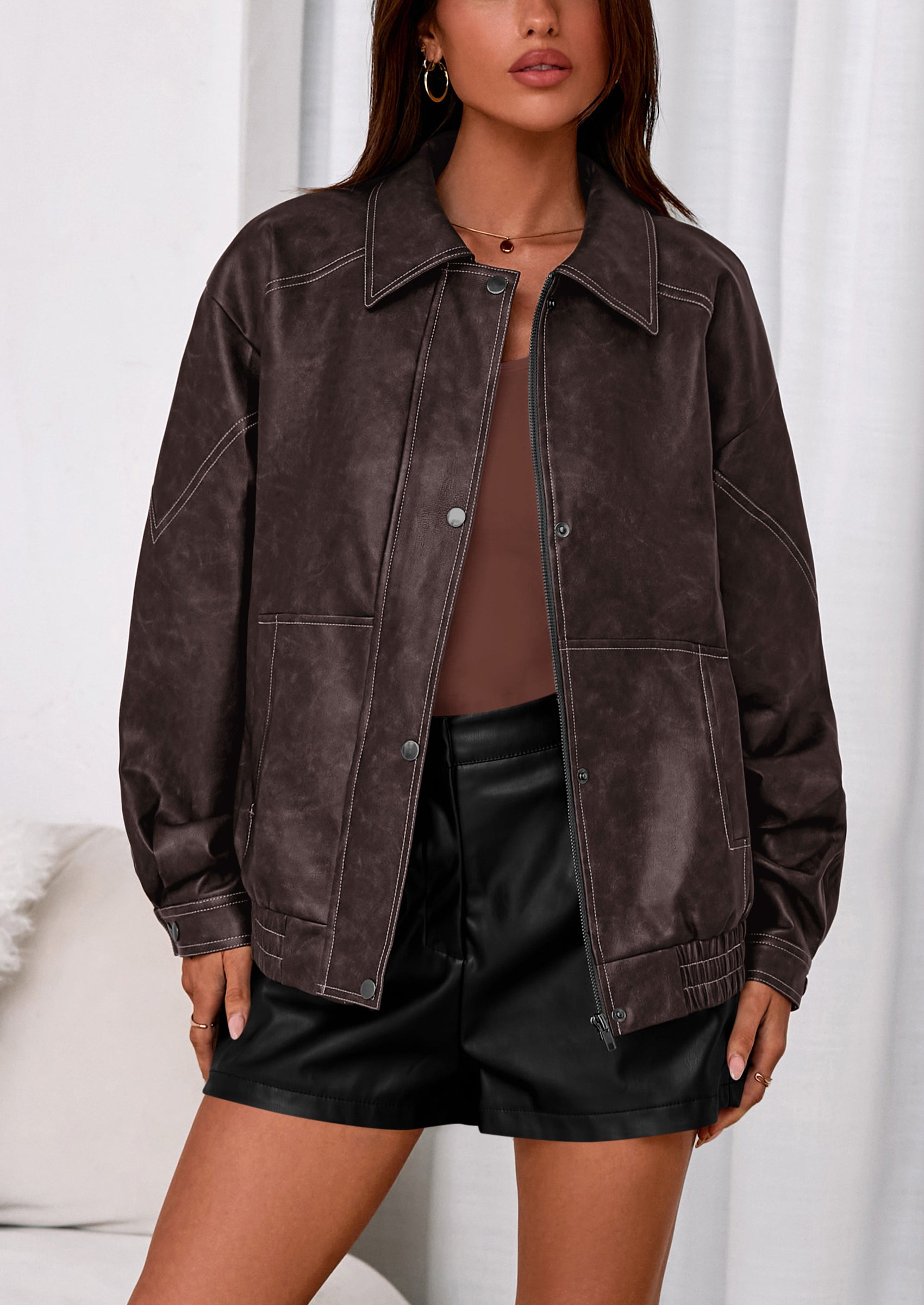 PRETTYGARDEN Faux Leather Jacket Women Bomber Motorcycle Zip Up Jackets Oversized Fall Fashion Outfits Winter Coats