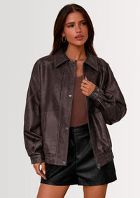 PRETTYGARDEN Faux Leather Jacket Women Bomber Motorcycle Zip Up Jackets Oversized Fall Fashion Outfits Winter Coats