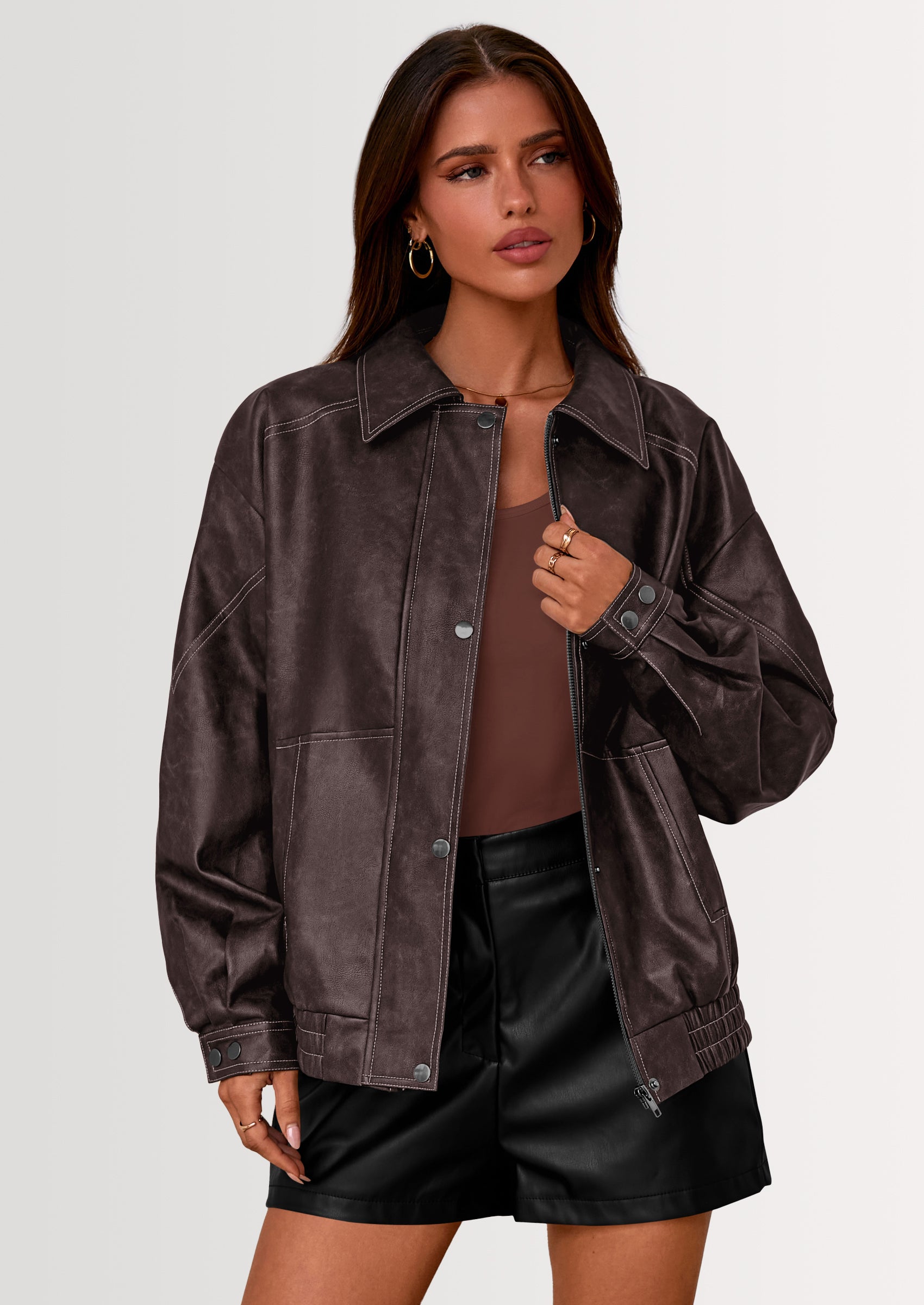 PRETTYGARDEN Faux Leather Jacket Women Bomber Motorcycle Zip Up Jackets Oversized Fall Fashion Outfits Winter Coats