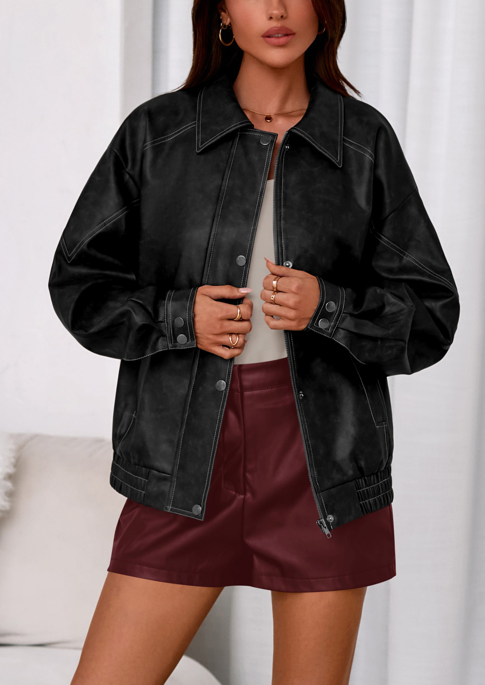 PRETTYGARDEN Faux Leather Jacket Women Bomber Motorcycle Zip Up Jackets Oversized Fall Fashion Outfits Winter Coats