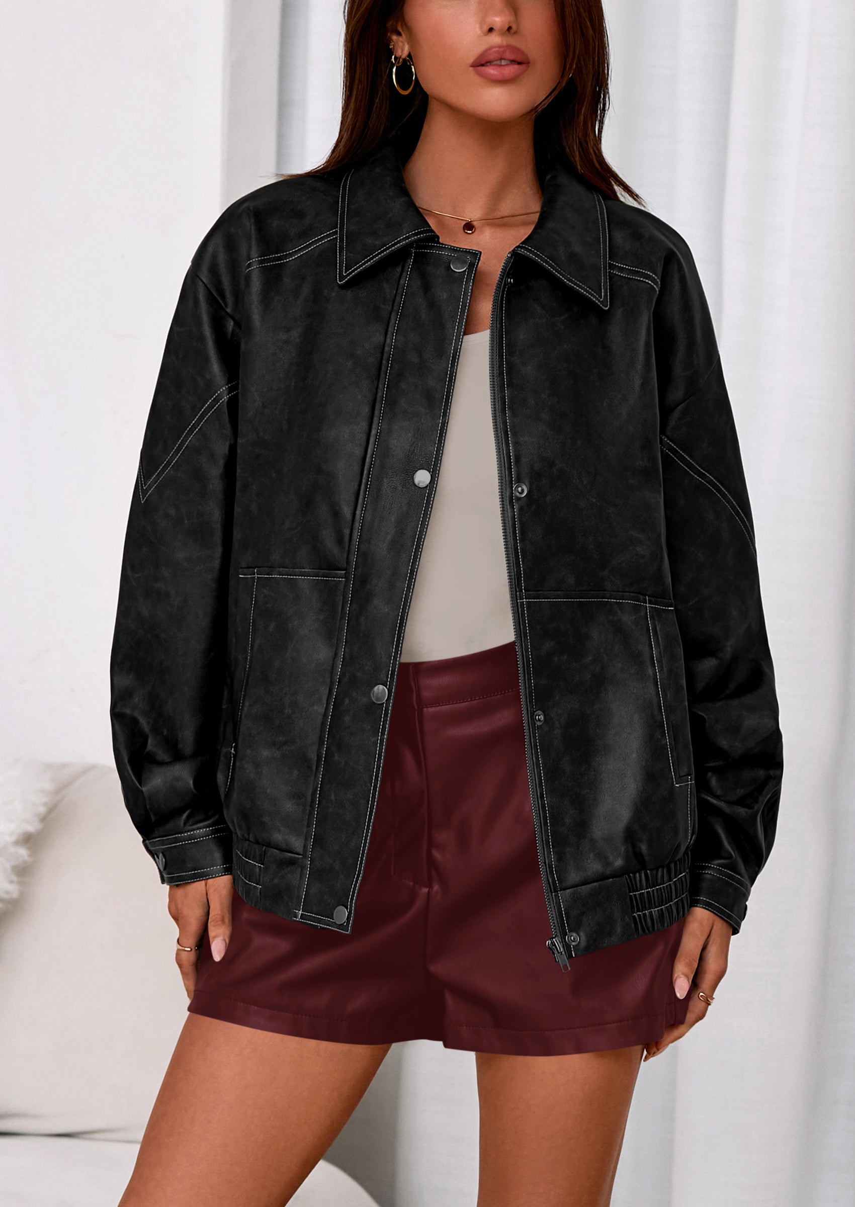 PRETTYGARDEN Faux Leather Jacket Women Bomber Motorcycle Zip Up Jackets Oversized Fall Fashion Outfits Winter Coats