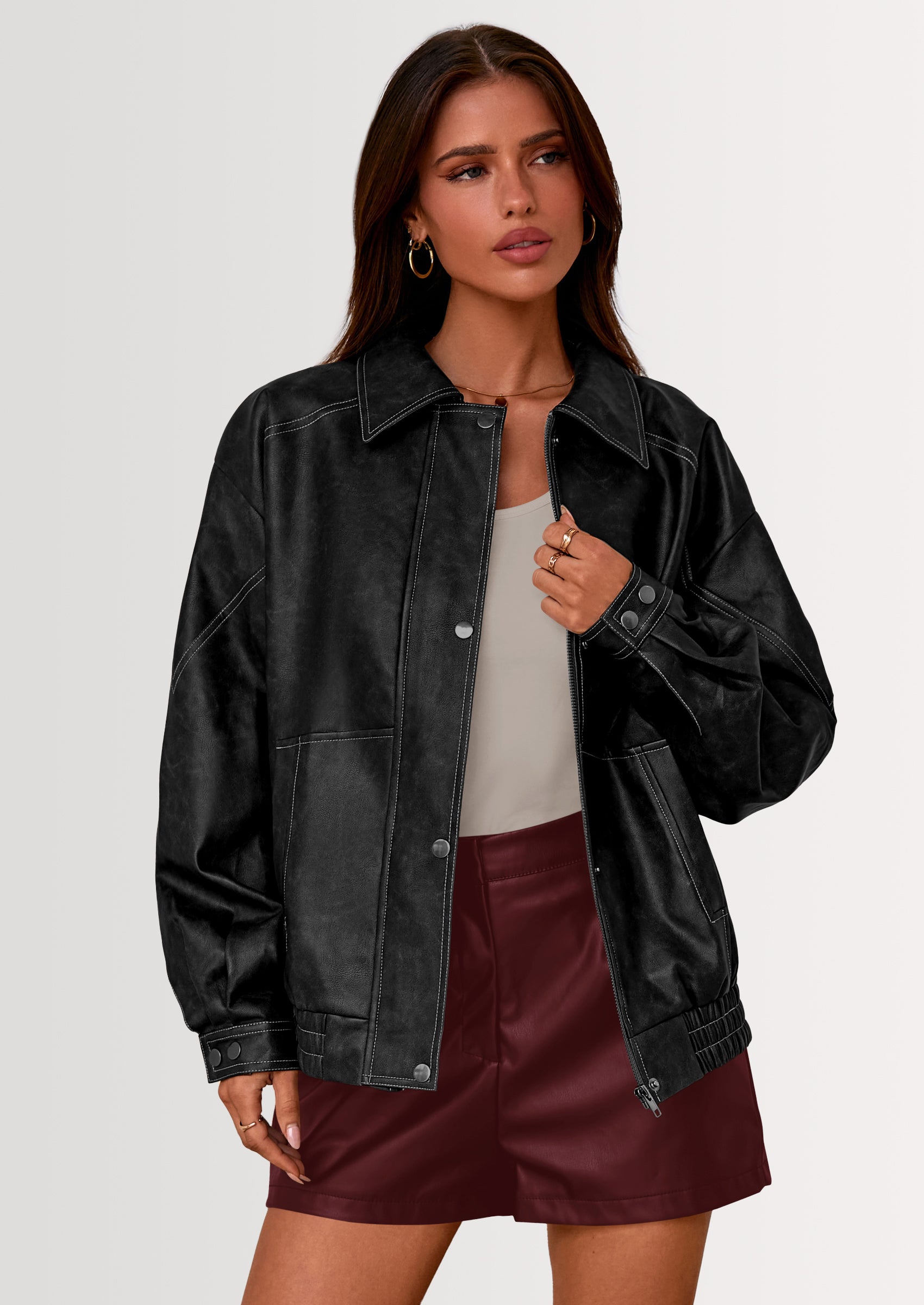 PRETTYGARDEN Faux Leather Jacket Women Bomber Motorcycle Zip Up Jackets Oversized Fall Fashion Outfits Winter Coats