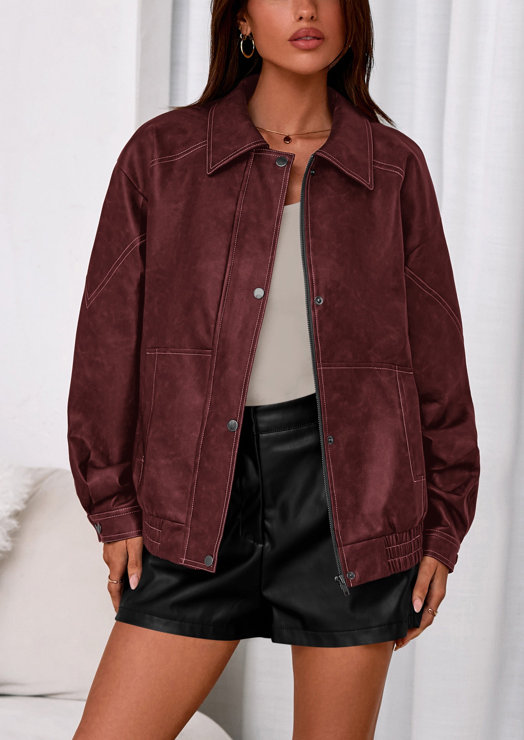 PRETTYGARDEN Faux Leather Jacket Women Bomber Motorcycle Zip Up Jackets Oversized Fall Fashion Outfits Winter Coats