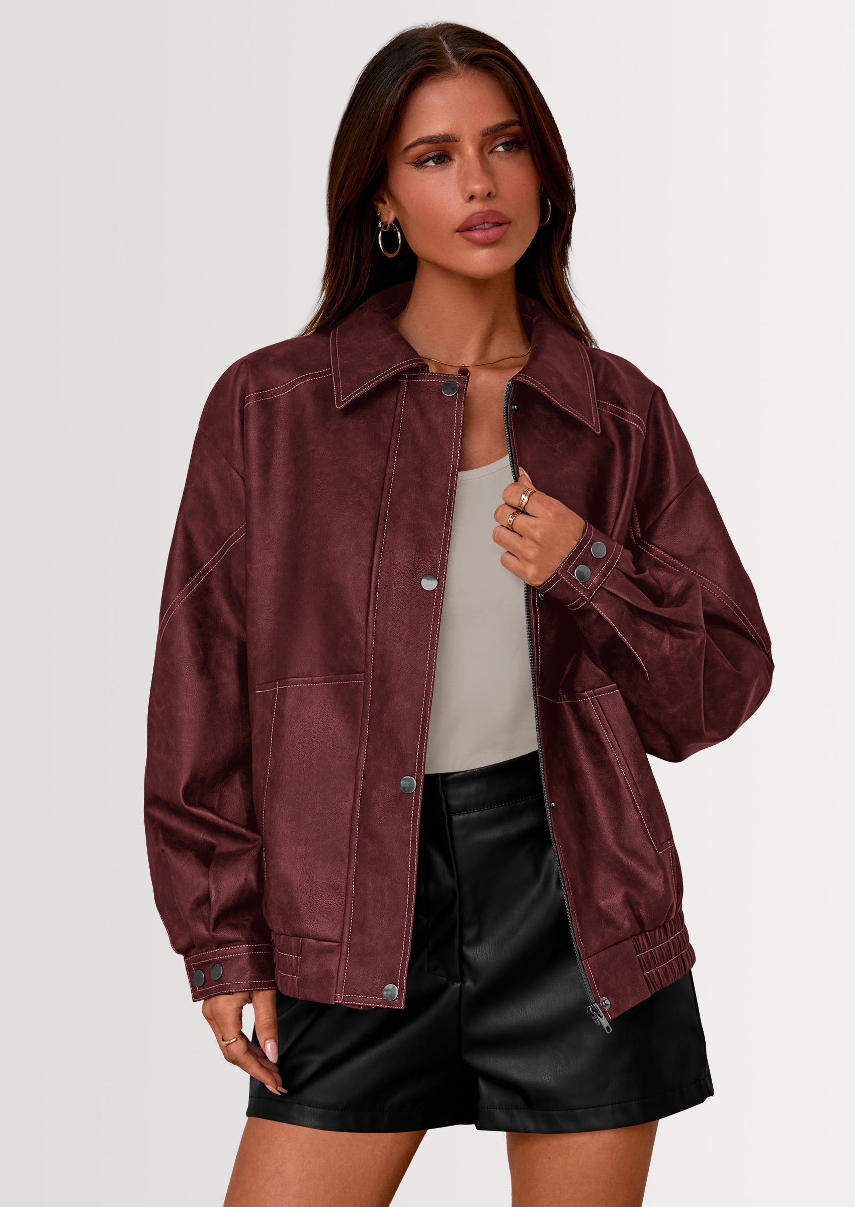 PRETTYGARDEN Faux Leather Jacket Women Bomber Motorcycle Zip Up Jackets Oversized Fall Fashion Outfits Winter Coats