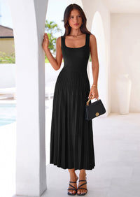 PRETTYGARDEN Spring Dresses for Women 2026 Summer Casual Sleeveless Square Neck A Line Knit Pleated Midi Cocktail Party Dress PRETTYGARDEN