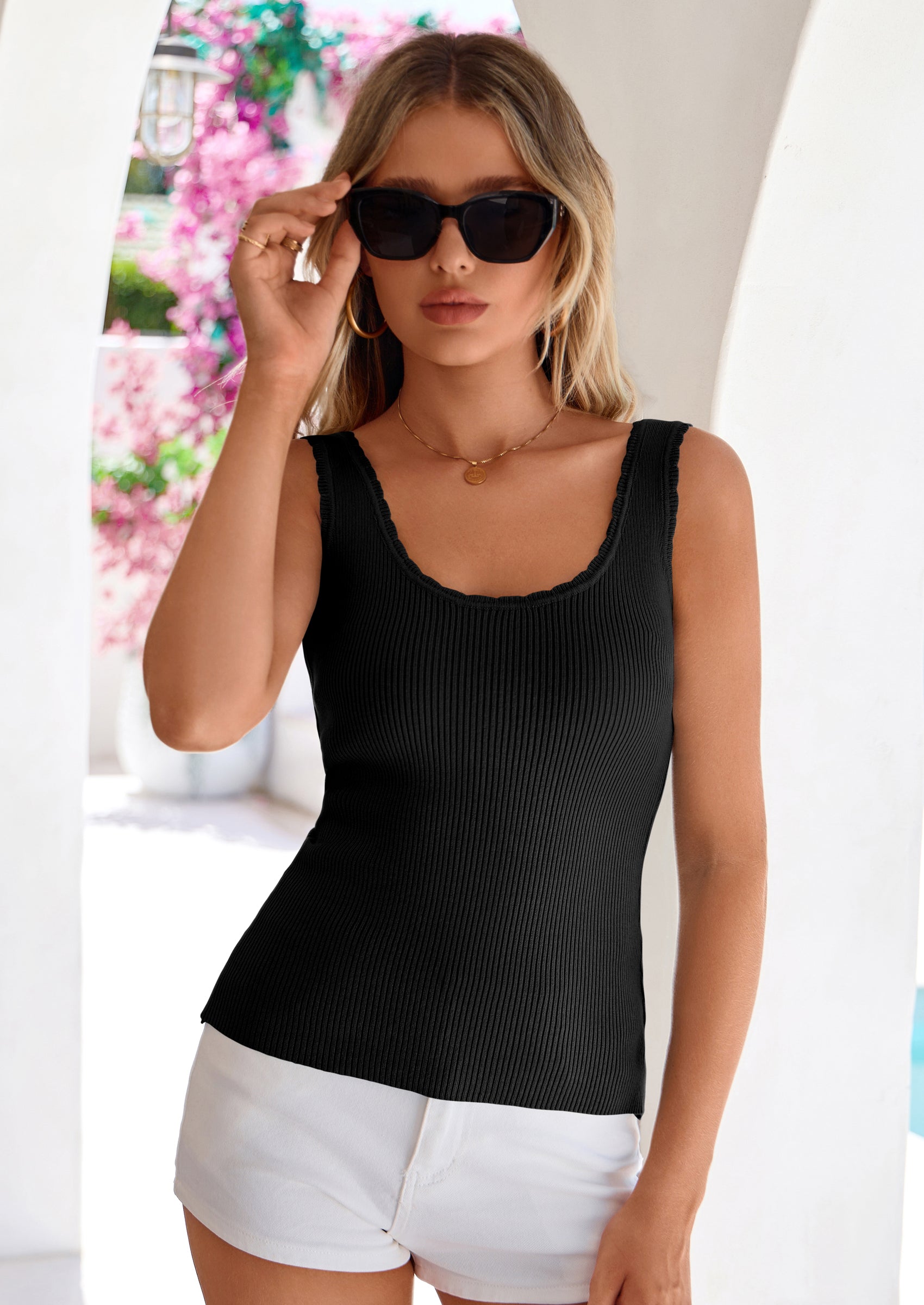 PRETTYGARDEN Womens Summer Sleeveless Tank Tops V Neck Ruffle Lightweight Ribbed Knit Shirt Casual Going Out Top PRETTYGARDEN