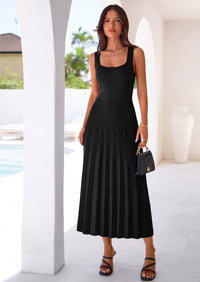 PRETTYGARDEN Spring Dresses for Women 2026 Summer Casual Sleeveless Square Neck A Line Knit Pleated Midi Cocktail Party Dress PRETTYGARDEN