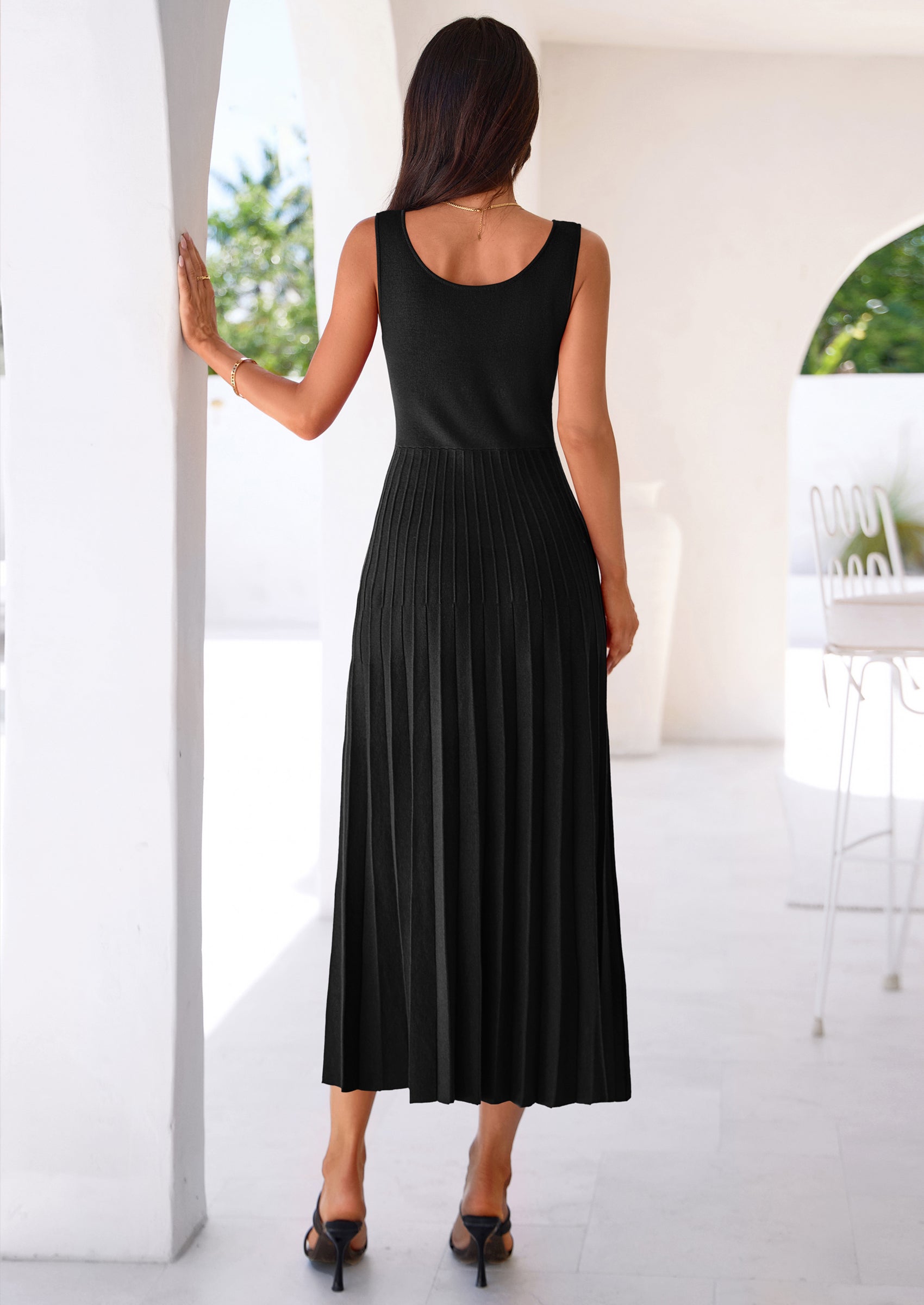 PRETTYGARDEN Spring Dresses for Women 2026 Summer Casual Sleeveless Square Neck A Line Knit Pleated Midi Cocktail Party Dress PRETTYGARDEN