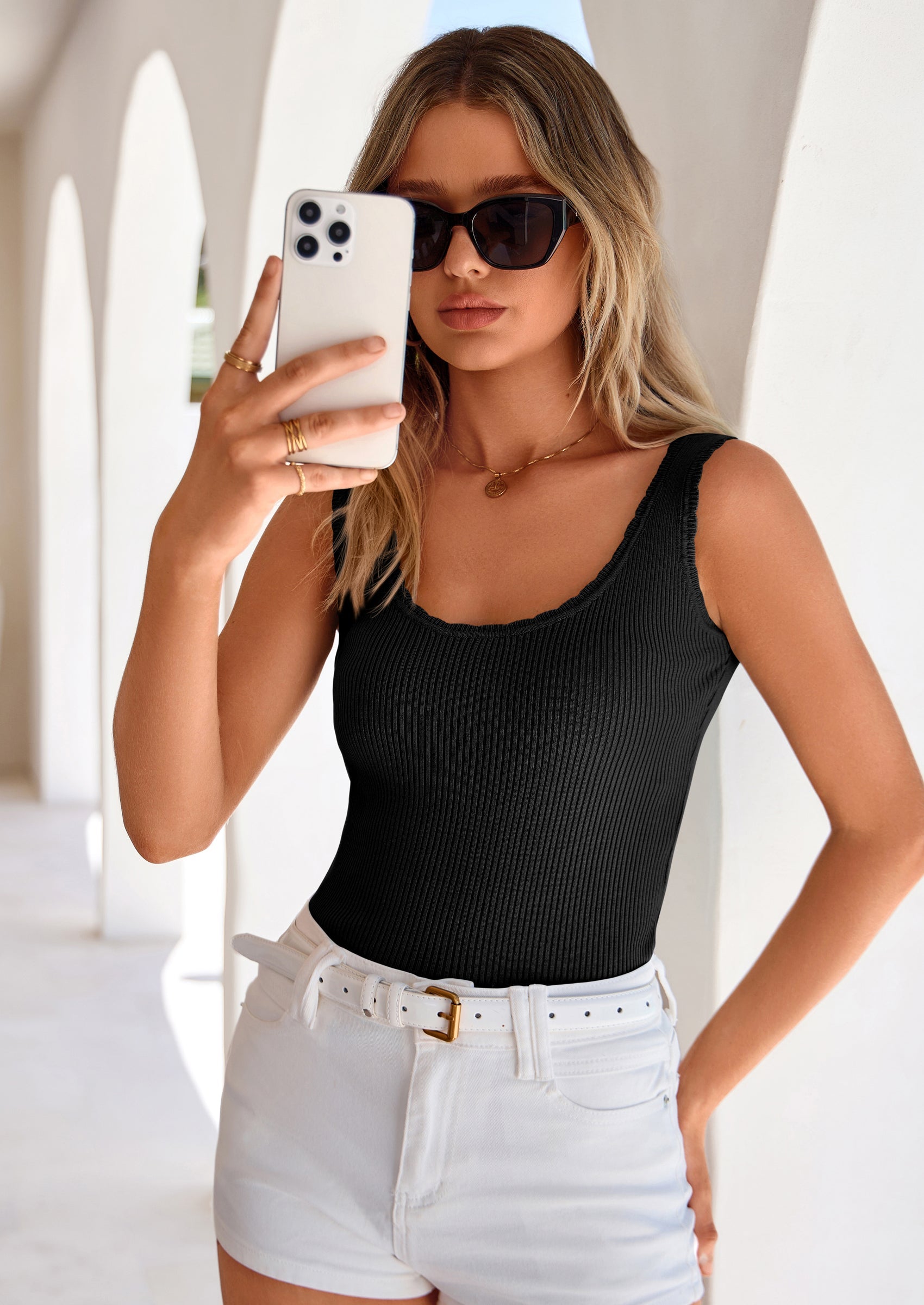 PRETTYGARDEN Womens Summer Sleeveless Tank Tops V Neck Ruffle Lightweight Ribbed Knit Shirt Casual Going Out Top PRETTYGARDEN