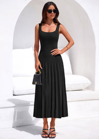 PRETTYGARDEN Spring Dresses for Women 2026 Summer Casual Sleeveless Square Neck A Line Knit Pleated Midi Cocktail Party Dress PRETTYGARDEN