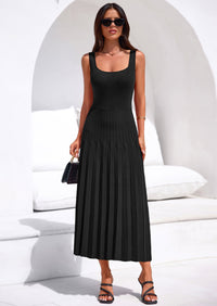 PRETTYGARDEN Spring Dresses for Women 2026 Summer Casual Sleeveless Square Neck A Line Knit Pleated Midi Cocktail Party Dress PRETTYGARDEN