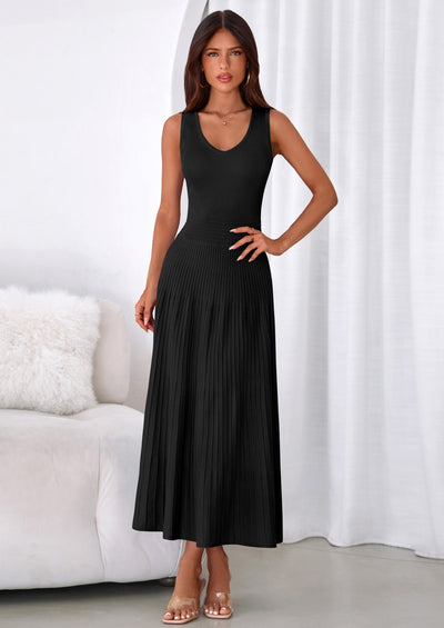 PRETTYGARDEN Women's Summer Casual Dresses Spring Sleeveless V Neck Midi Business Work A Line Pleated Cocktail Dress PRETTYGARDEN