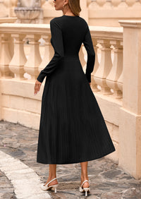 PRETTYGARDEN Women's Long Sleeve Midi Sweater Dress Fall Crewneck Knit A Line Pleated Wedding Guest Winter Dresses