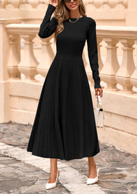 PRETTYGARDEN Women's Long Sleeve Midi Sweater Dress Fall Crewneck Knit A Line Pleated Wedding Guest Winter Dresses