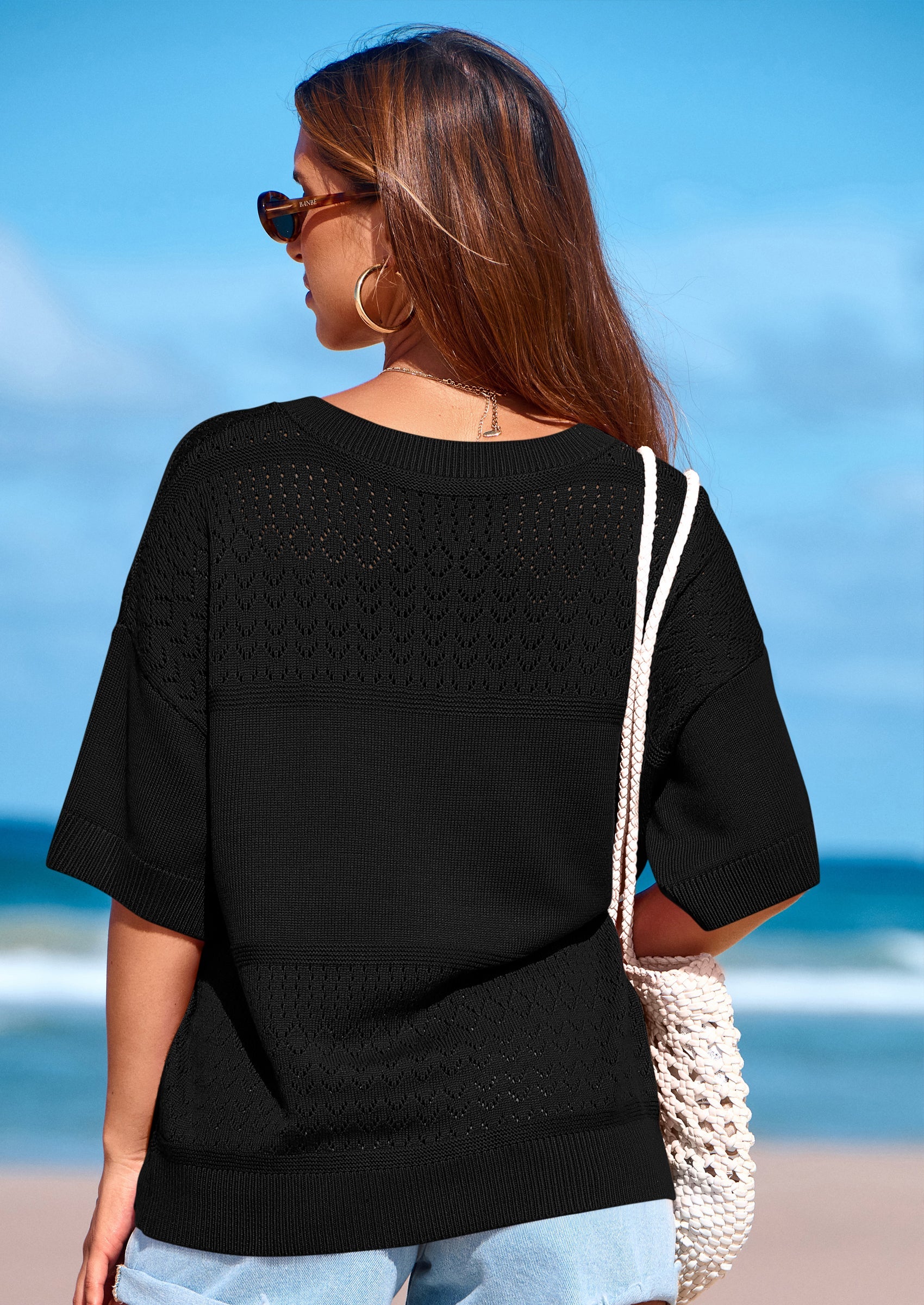 PRETTYGARDEN Women's Short Sleeve Sweater Tops Spring Summer Casual V Neck Ribbed Knit Trendy Eyelet Blouse T Shirts PRETTYGARDEN