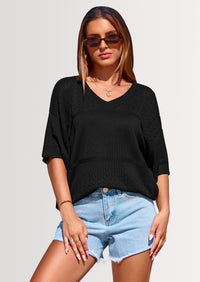 PRETTYGARDEN Women's Short Sleeve Sweater Tops Spring Summer Casual V Neck Ribbed Knit Trendy Eyelet Blouse T Shirts