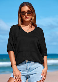 PRETTYGARDEN Women's Short Sleeve Sweater Tops Spring Summer Casual V Neck Ribbed Knit Trendy Eyelet Blouse T Shirts PRETTYGARDEN