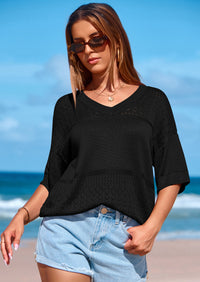 PRETTYGARDEN Women's Short Sleeve Sweater Tops Spring Summer Casual V Neck Ribbed Knit Trendy Eyelet Blouse T Shirts PRETTYGARDEN