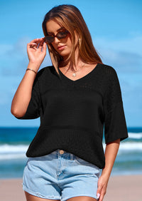 PRETTYGARDEN Women's Short Sleeve Sweater Tops Spring Summer Casual V Neck Ribbed Knit Trendy Eyelet Blouse T Shirts PRETTYGARDEN