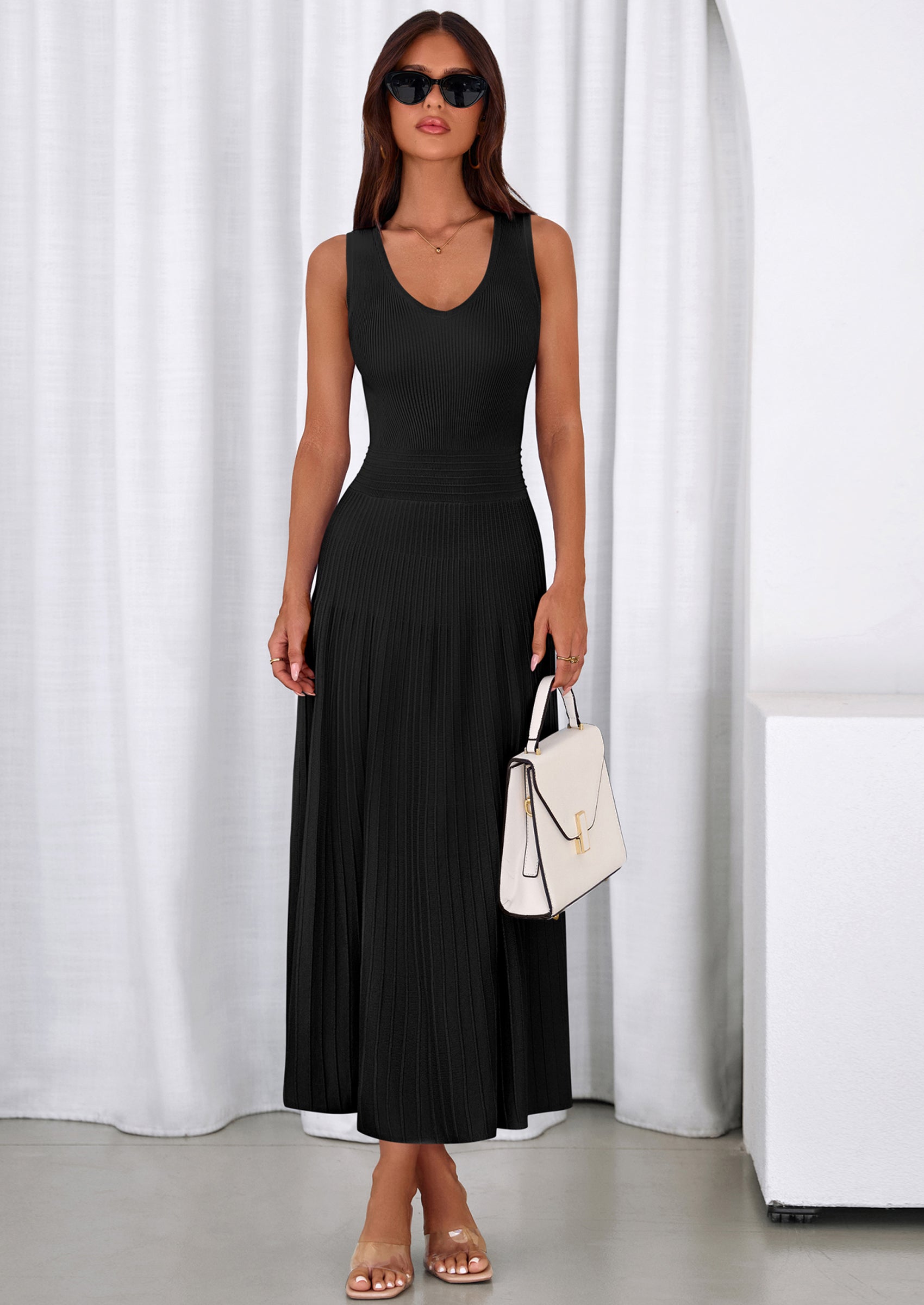 PRETTYGARDEN Women's Summer Casual Dresses Spring Sleeveless V Neck Midi Business Work A Line Pleated Cocktail Dress PRETTYGARDEN