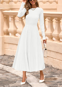 PRETTYGARDEN Women's Long Sleeve Midi Sweater Dress Fall Crewneck Knit A Line Pleated Wedding Guest Winter Dresses