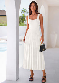 PRETTYGARDEN Spring Dresses for Women 2026 Summer Casual Sleeveless Square Neck A Line Knit Pleated Midi Cocktail Party Dress PRETTYGARDEN