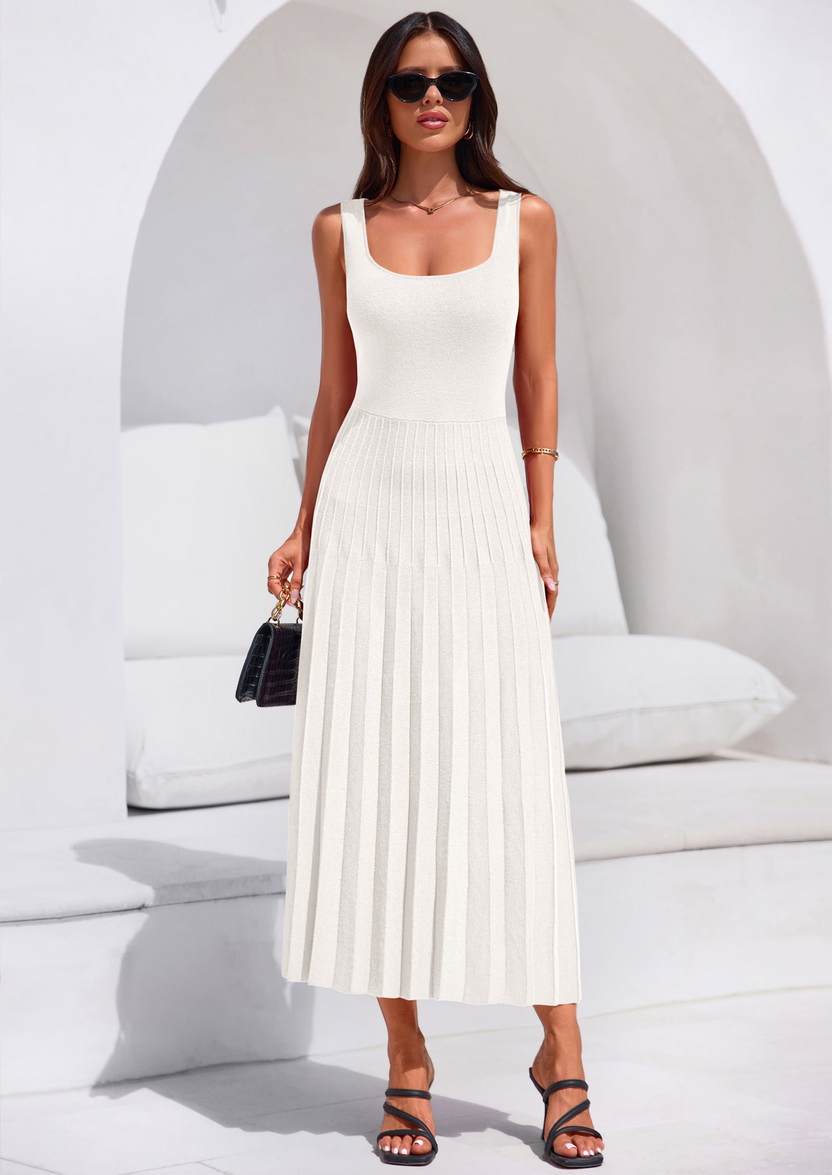 PRETTYGARDEN Spring Dresses for Women 2026 Summer Casual Sleeveless Square Neck A Line Knit Pleated Midi Cocktail Party Dress PRETTYGARDEN