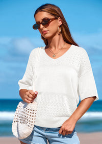 PRETTYGARDEN Women's Short Sleeve Sweater Tops Spring Summer Casual V Neck Ribbed Knit Trendy Eyelet Blouse T Shirts PRETTYGARDEN