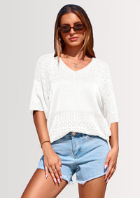 PRETTYGARDEN Women's Short Sleeve Sweater Tops Spring Summer Casual V Neck Ribbed Knit Trendy Eyelet Blouse T Shirts